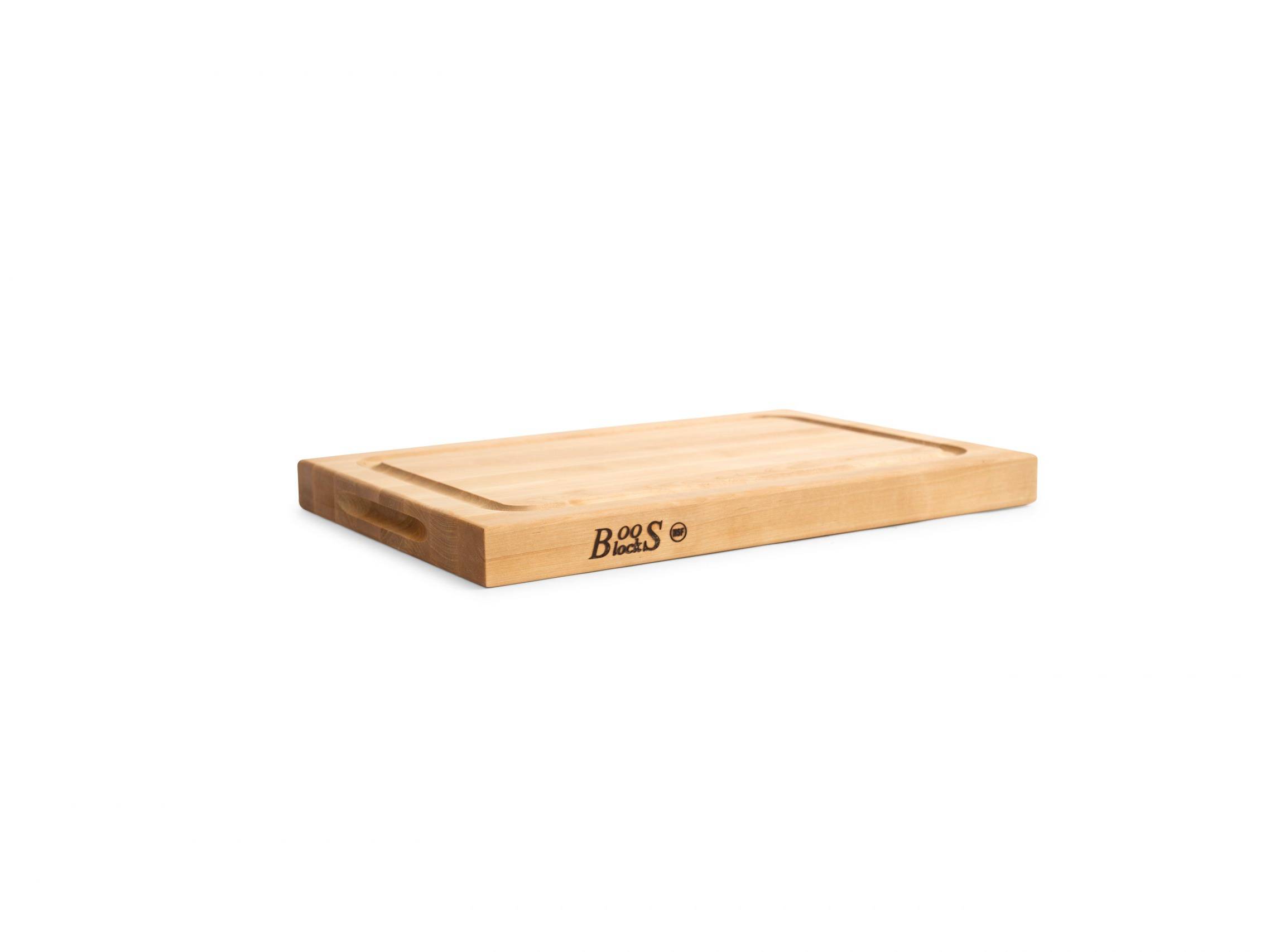 Pro Chef Hard Maple cutting board with juice groove and recessed grips; can be used on both sides 97