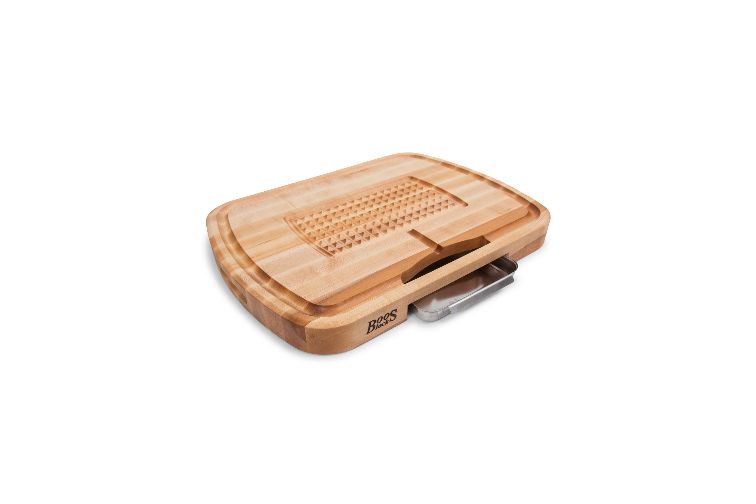 Pro Chef Hard Maple Tranchierbrett mit Saftrille, Pyramidenstruktur, Edelstahlauffangschale; beidseitig einsetzbar 3