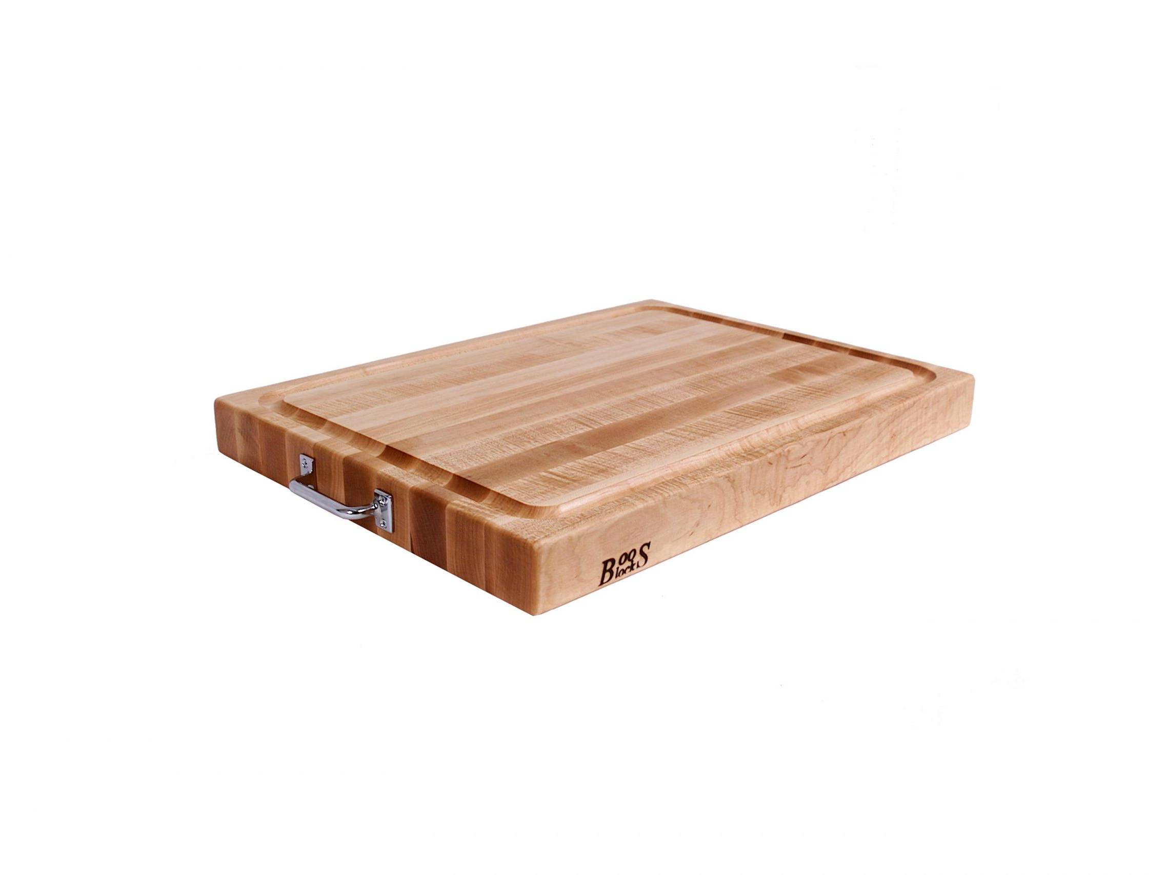 Prep-N-Serve Hard Maple cutting board with juice groove, stainless steel handles; can be used on both sides 55