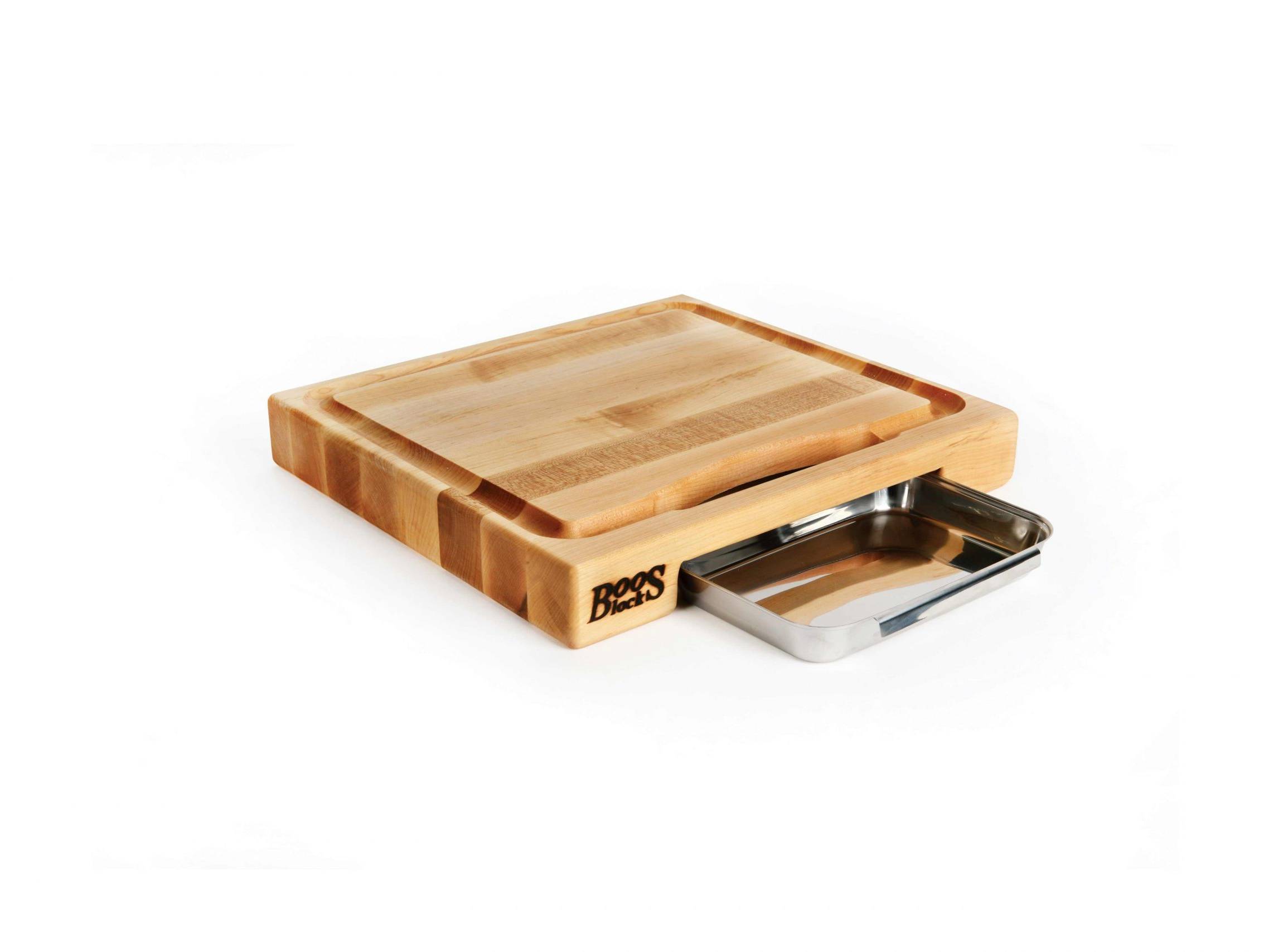 Prep Master Hard Maple cutting board with juice groove, stainless steel drip tray; handle; can be used on both sides 27