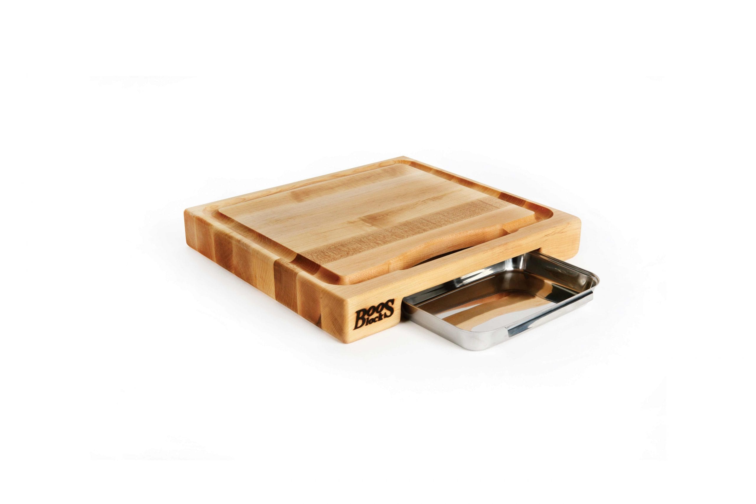 Prep Master Hard Maple cutting board with juice groove, stainless steel drip tray; handle; can be used on both sides 1