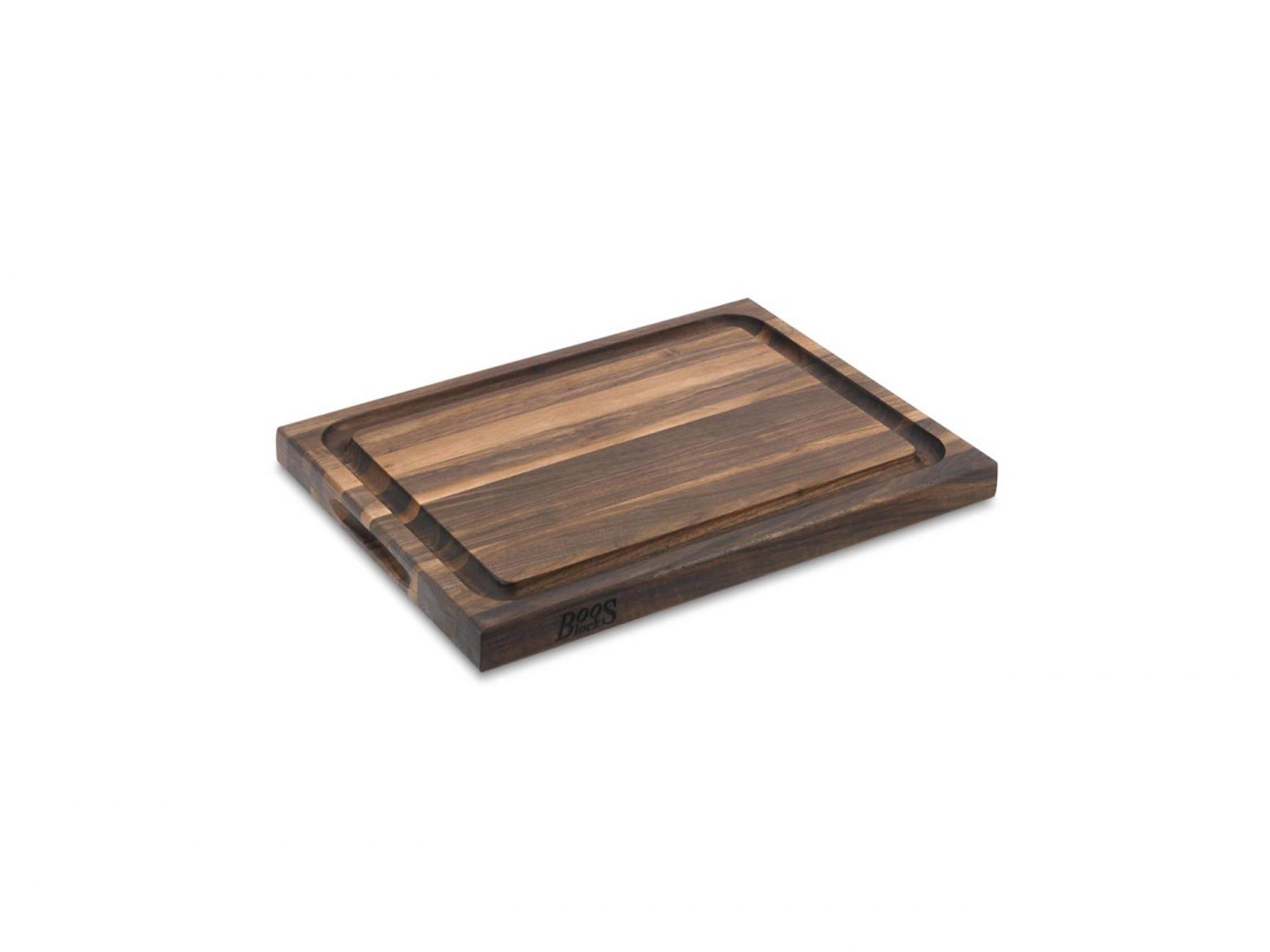 Pro Chef Black Walnut cutting board with juice groove and recessed grips; can be used on both sides 87