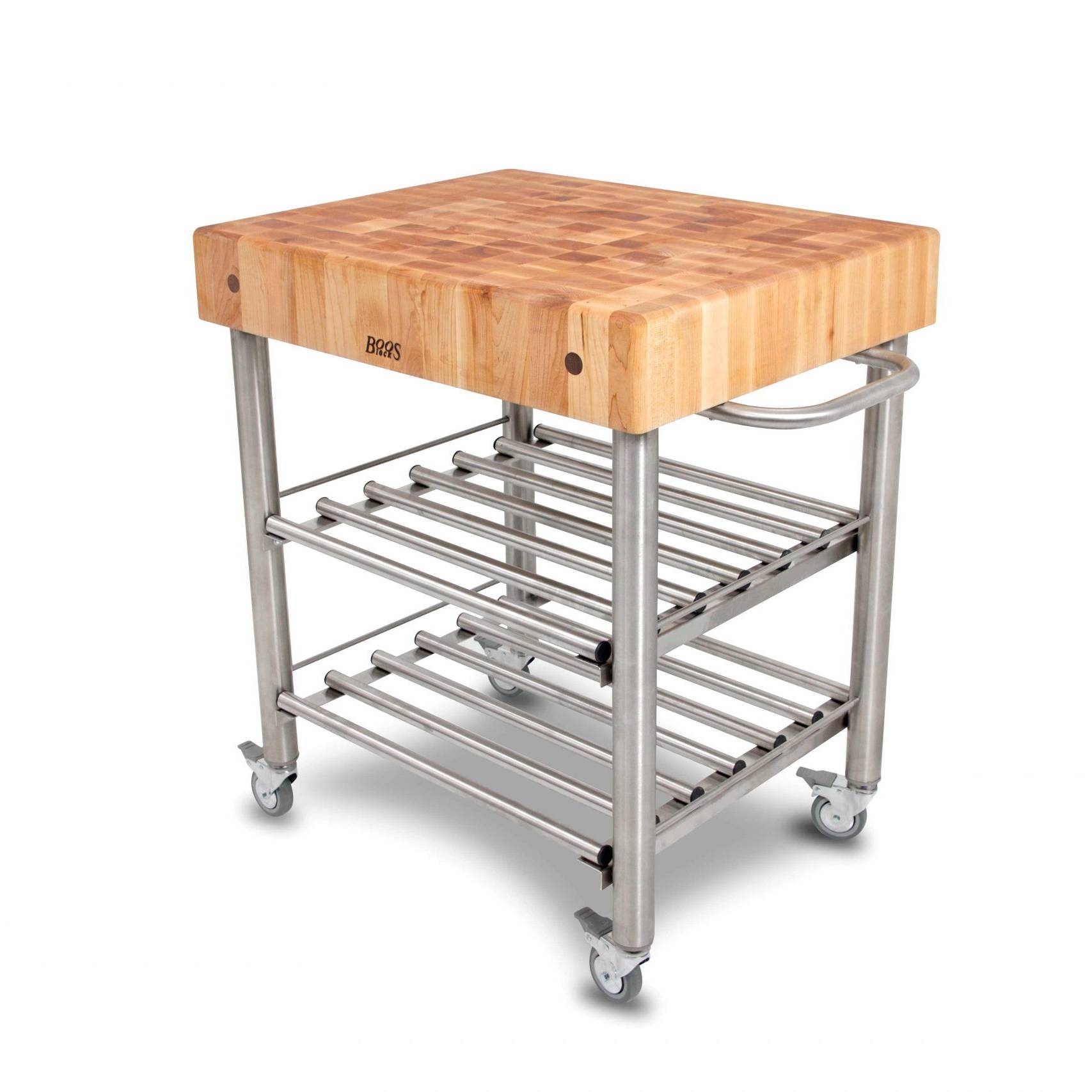 Cucina Kitchen & Wine Servierwagen mit Stirnholz-Arbeitsplatte aus Hard Maple und Edelstahlbasis mit 2 Ablagen, Handtuchhalter; feststellbare Rollen 17