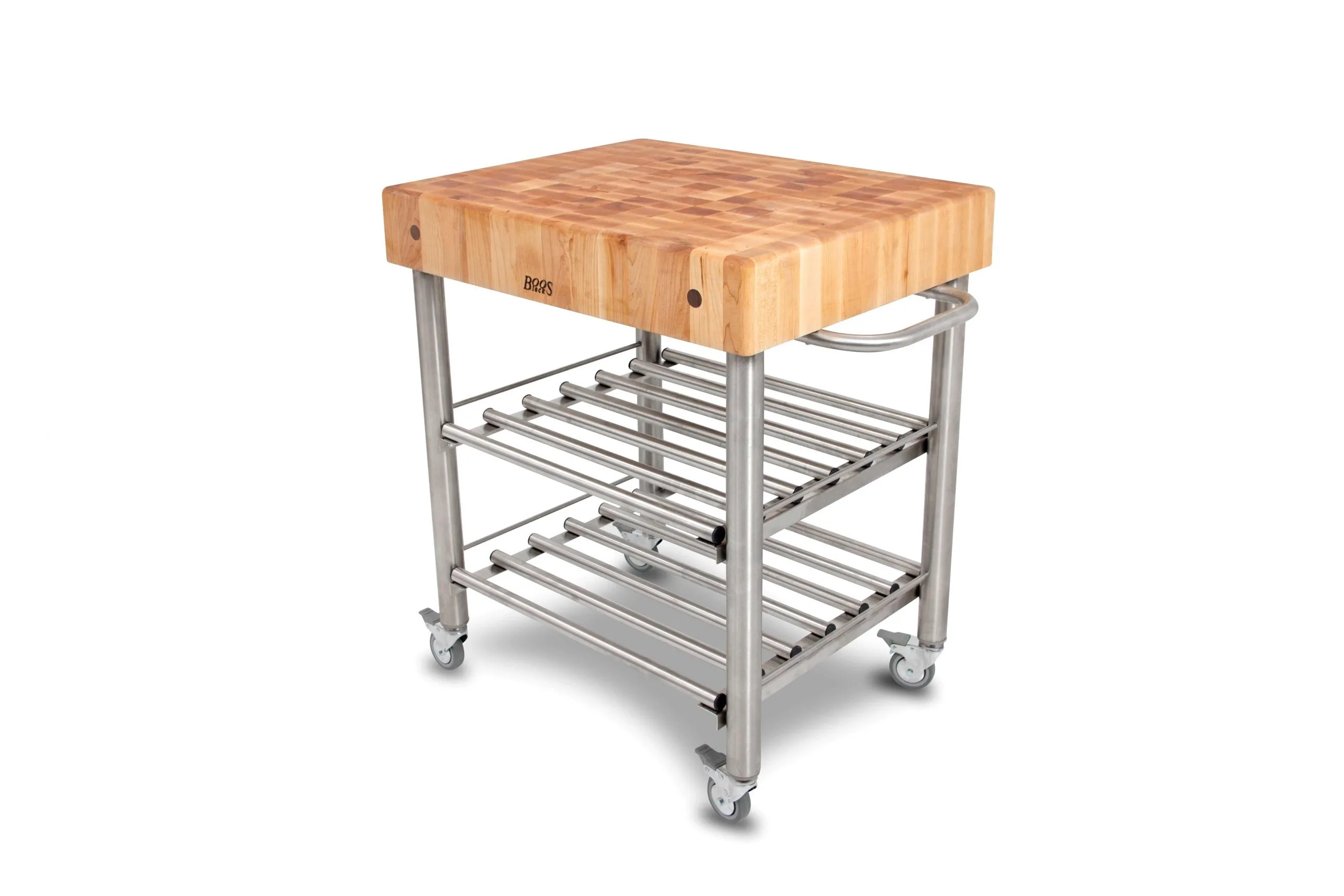Cucina Kitchen & Wine Servierwagen mit Stirnholz-Arbeitsplatte aus Hard Maple und Edelstahlbasis mit 2 Ablagen, Handtuchhalter; feststellbare Rollen 151 Cucina Kitchen & Wine Servierwagen mit Stirnholz-Arbeitsplatte aus Hard Maple und Edelstahlbasis mit 2 Ablagen, Handtuchhalter; feststellbare Rollen 150