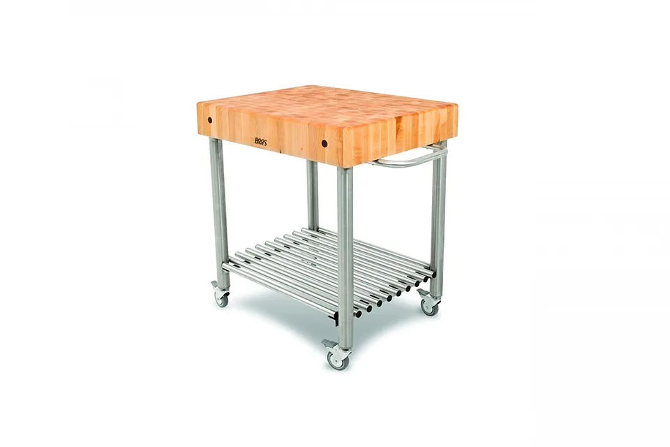 Cucina Kitchen & Wine Servierwagen mit Stirnholz-Arbeitsplatte aus Hard Maple und Edelstahlbasis mit einer Ablage, Handtuchhalter; feststellbare Rollen 1