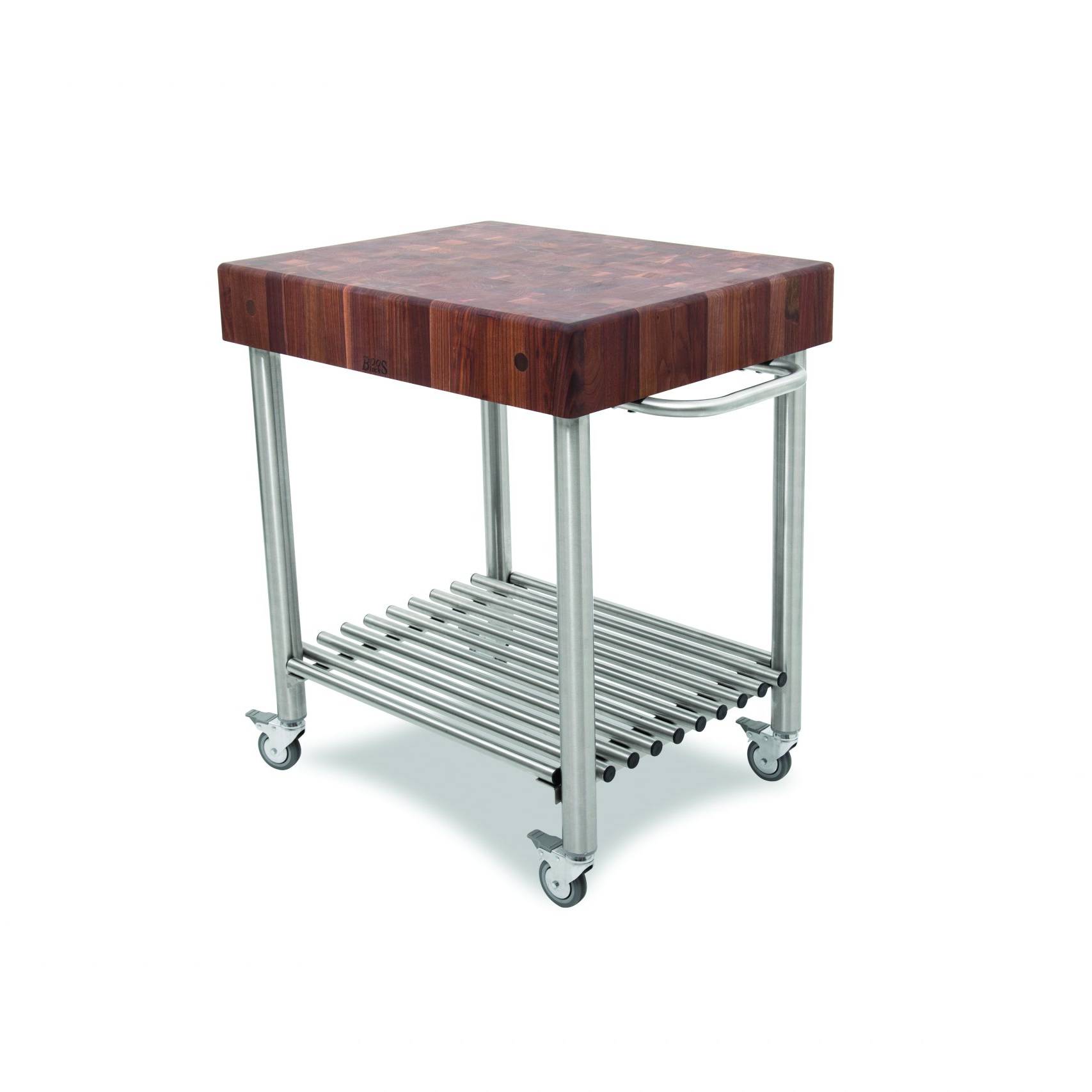 Cucina Kitchen &amp; Wine serving cart with Black Walnut end grain countertop and stainless steel base with one shelf, towel rack; lockable casters 15