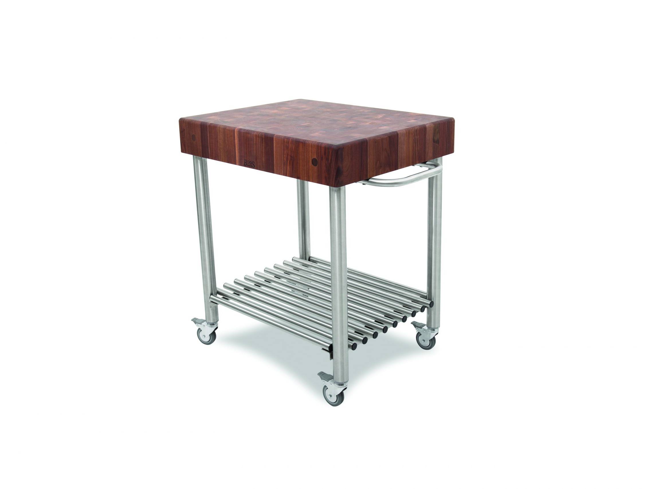 Cucina Kitchen &amp; Wine serving cart with Black Walnut end grain countertop and stainless steel base with one shelf, towel rack; lockable casters 49