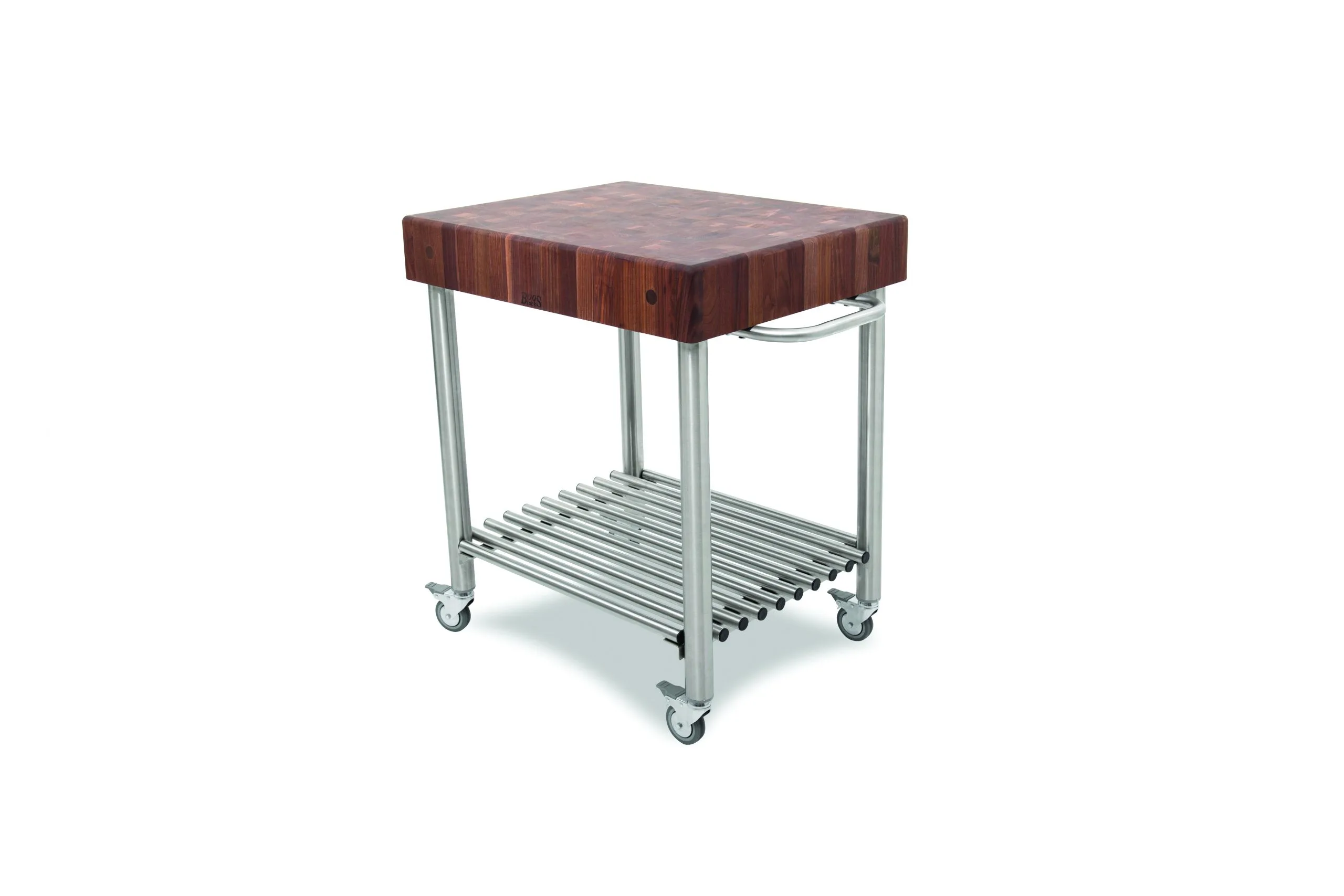 Cucina Kitchen & Wine Servierwagen mit Stirnholz-Arbeitsplatte aus Black Walnut und Edelstahlbasis mit einer Ablage, Handtuchhalter; feststellbare Rollen 1