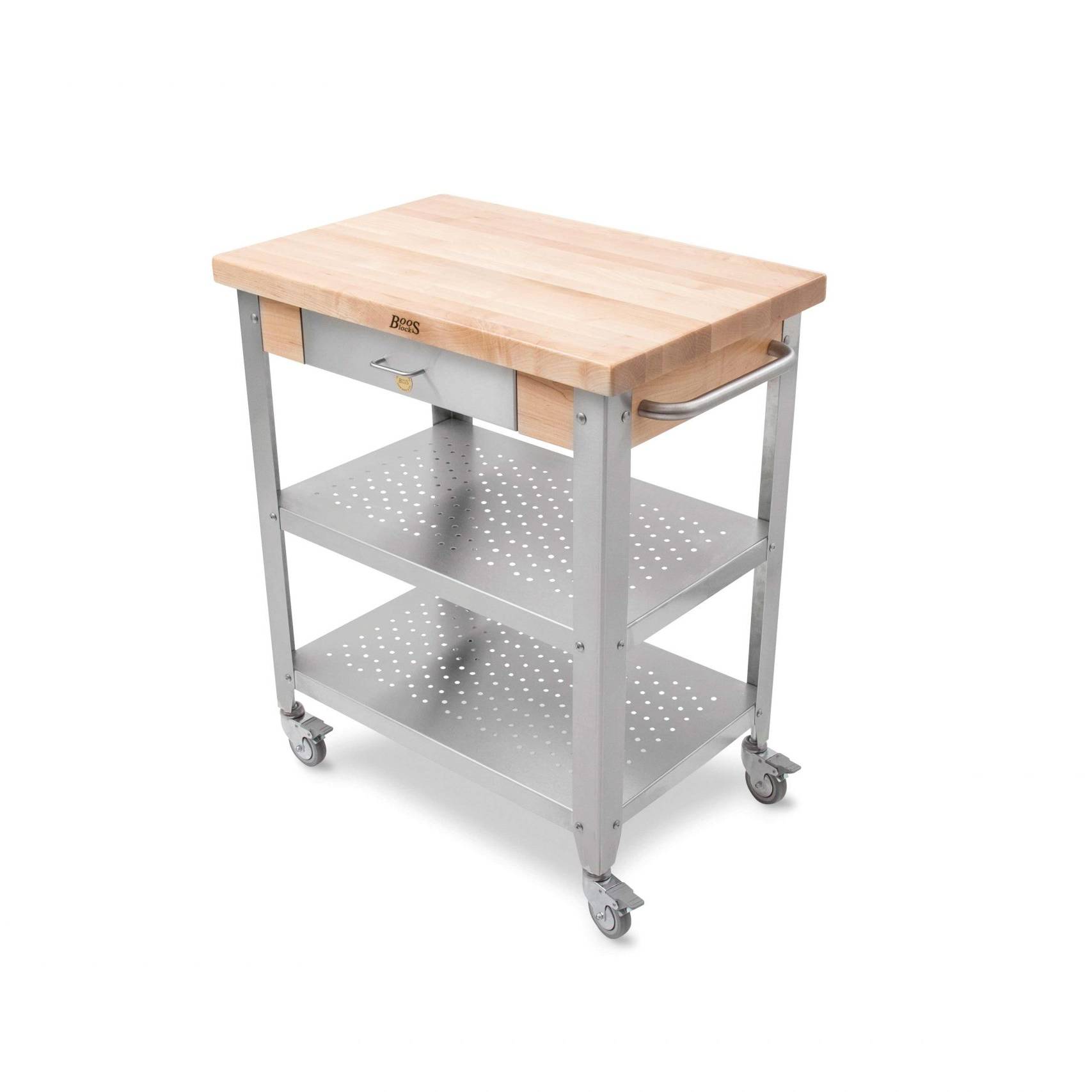 Cucina Kitchen &amp; serving cart with long wood hard maple countertop with Varnique finish and stainless steel base with drawer and two shelves, towel rack; lockable casters 7