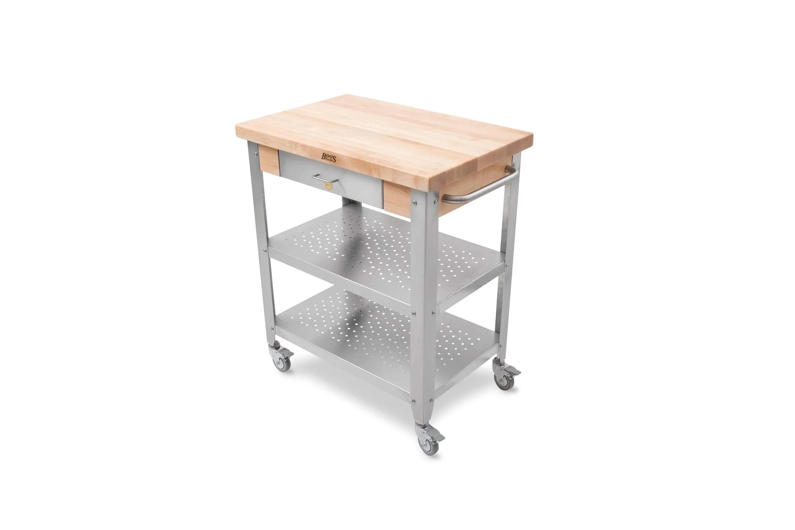 Cucina Kitchen & Servierwagen mit Langholz-Arbeitsplatte aus Hard Maple mit Varnique Finish und Edelstahlbasis mit Schublade und zwei Ablagen, Handtuchhalter; feststellbare Rollen 119 Cucina Kitchen & Servierwagen mit Langholz-Arbeitsplatte aus Hard Maple mit Varnique Finish und Edelstahlbasis mit Schublade und zwei Ablagen, Handtuchhalter; feststellbare Rollen 118