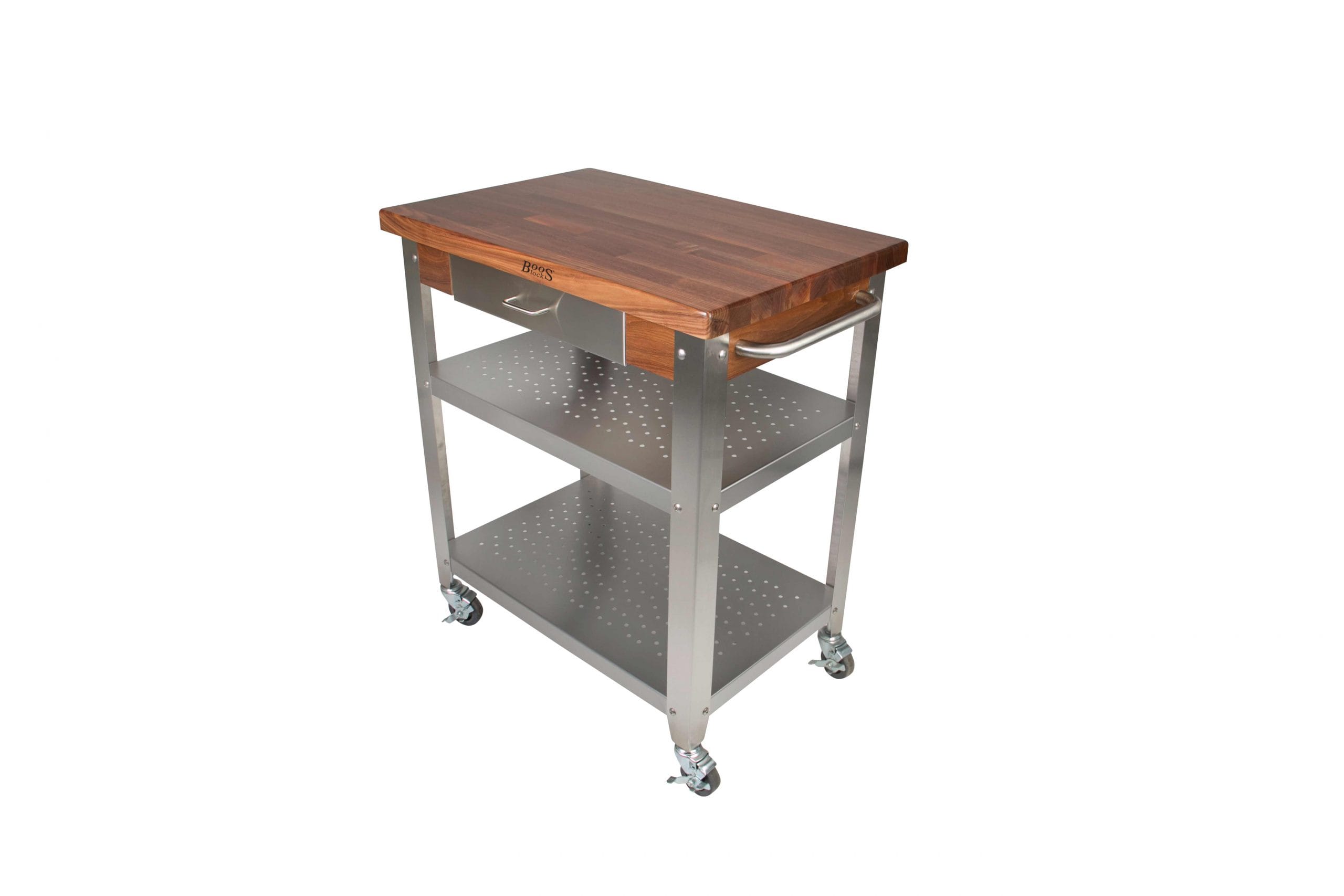 Cucina Kitchen & Servierwagen mit Langholz-Arbeitsplatte aus Black Walnut mit Varnique Finish und Edelstahlbasis mit Schublade und zwei Ablagen, Handtuchhalter; feststellbare Rollen 3