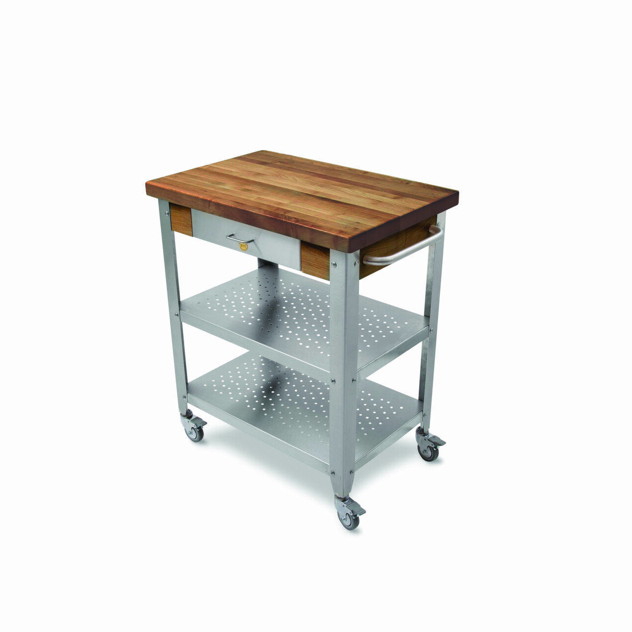 Cucina Kitchen &amp; Serving Cart with Black Walnut Long Wood Countertop with Varnique Finish and Stainless Steel Base with Drawer and Two Shelves, Towel Rack; Locking Casters 9