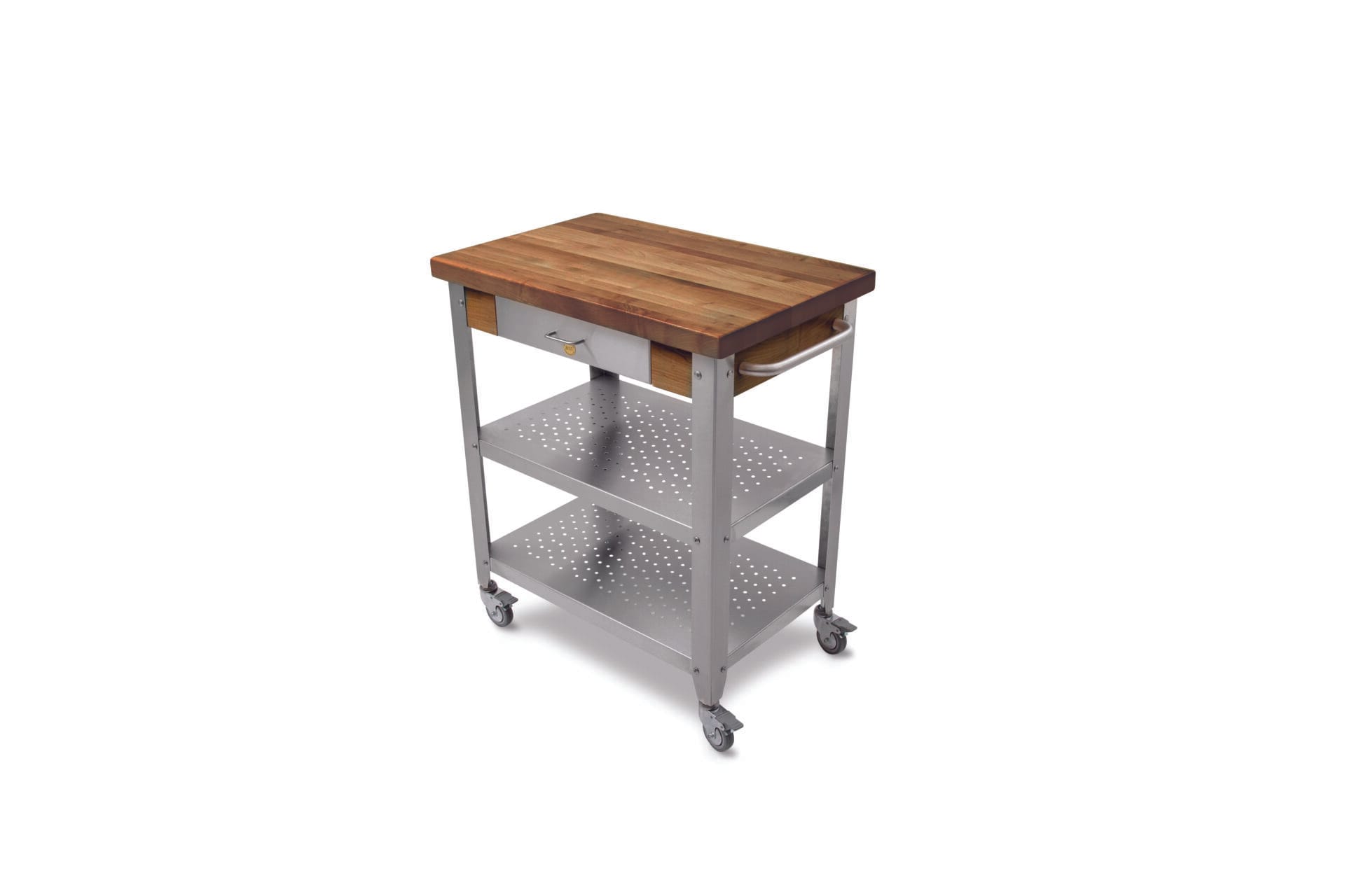 Cucina Kitchen &amp; serving trolley with long wooden worktop in Black Walnut with Varnique finish and stainless steel base with drawer and two shelves, towel holder; lockable castors 9