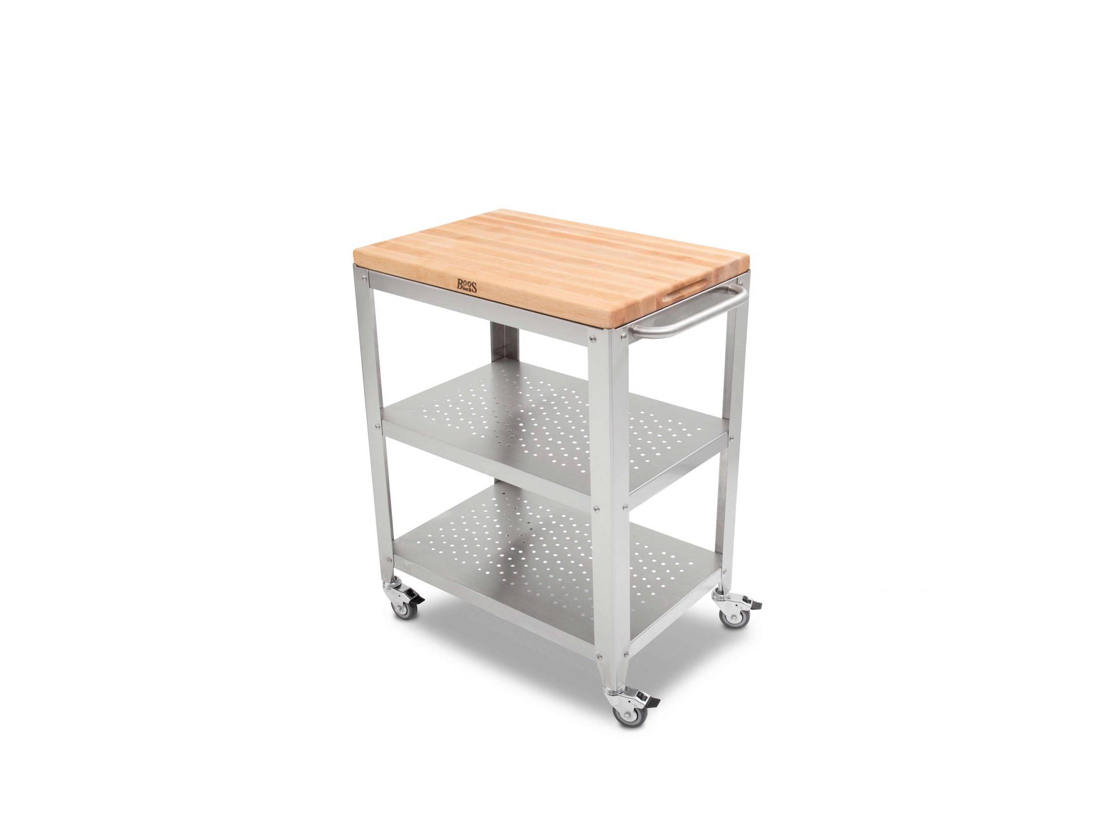 Culinarte Kitchen &amp; Serving Cart with Removable Hard Maple Long Wood Cutting Board; Stainless Steel Base with Drawer and 2 Shelves, Towel Holder; Lockable Casters 39