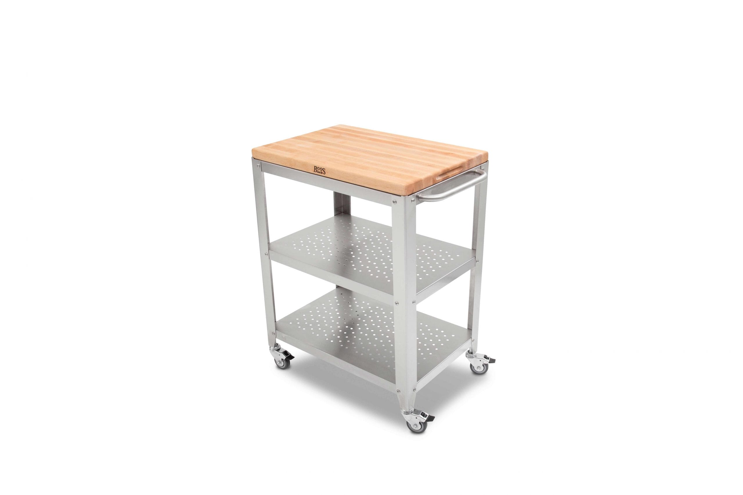 Culinarte Kitchen &amp; serving trolley with removable hard maple longwood chopping board; stainless steel base with drawer and 2 shelves, towel holder; lockable castors 71