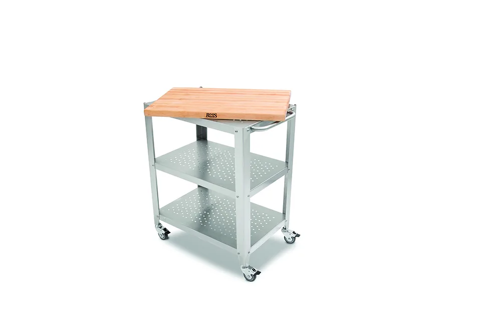 Culinarte Kitchen & Servierwagen mit abnehmbarem Langholz-Schneidebrett aus Hard Maple; Edelstahlbasis mit Schublade und 2 Ablagen, Handtuchhalter; feststellbare Rollen 3