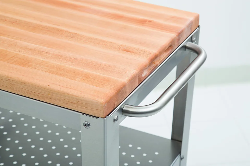 Culinarte Kitchen & Servierwagen mit abnehmbarem Langholz-Schneidebrett aus Hard Maple; Edelstahlbasis mit Schublade und 2 Ablagen, Handtuchhalter; feststellbare Rollen 7