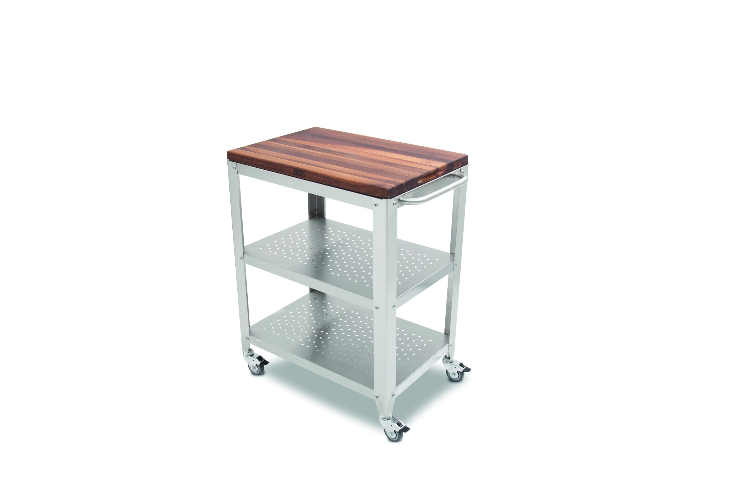 CULINARTE Kitchen &amp; serving trolley with removable longwood chopping board made of black walnut; stainless steel base with drawer and 2 shelves, towel holder; lockable castors 31