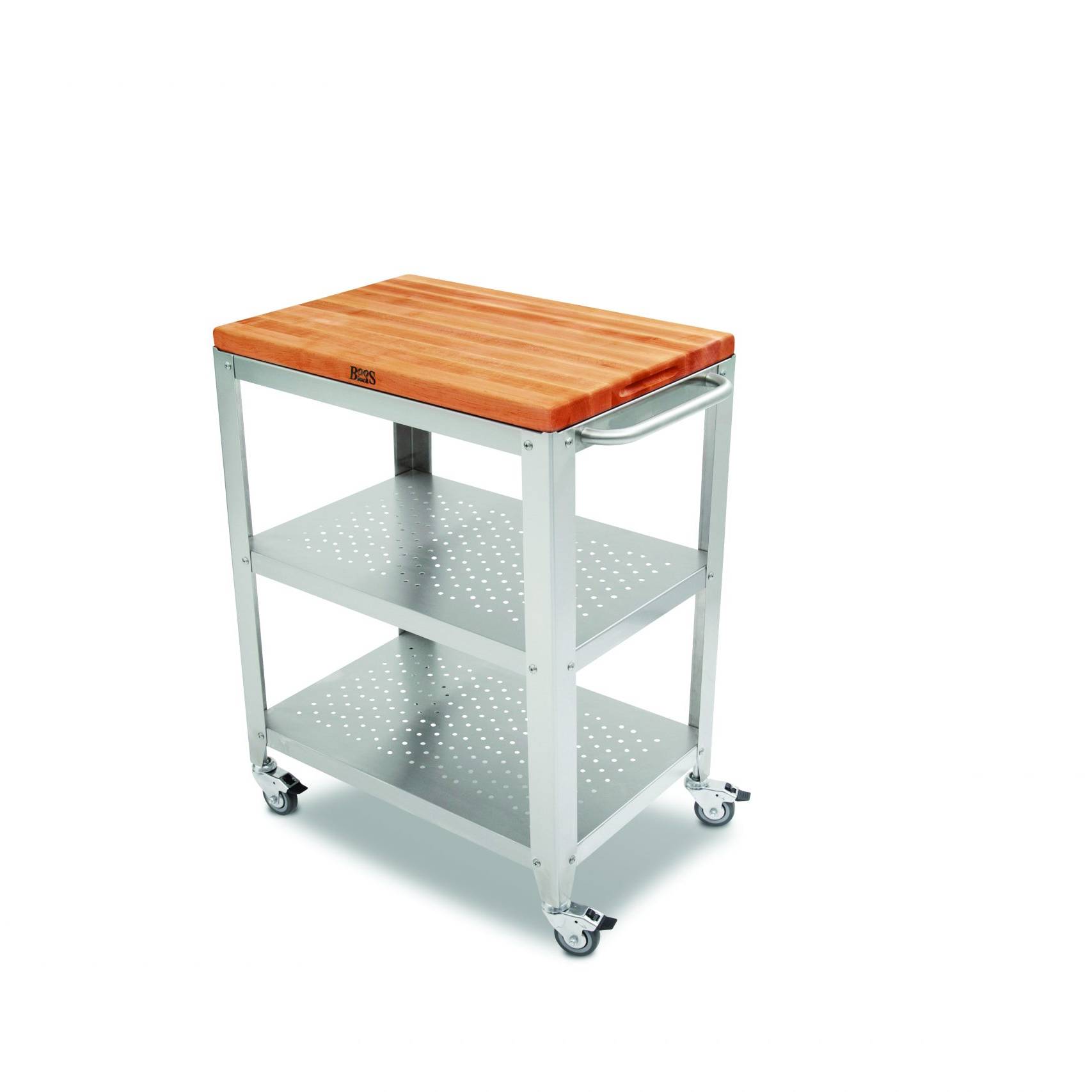 CULINARTE Kitchen &amp; serving cart with removable American Cherry long wood cutting board; stainless steel base with drawer and 2 shelves, towel rack; lockable casters 3