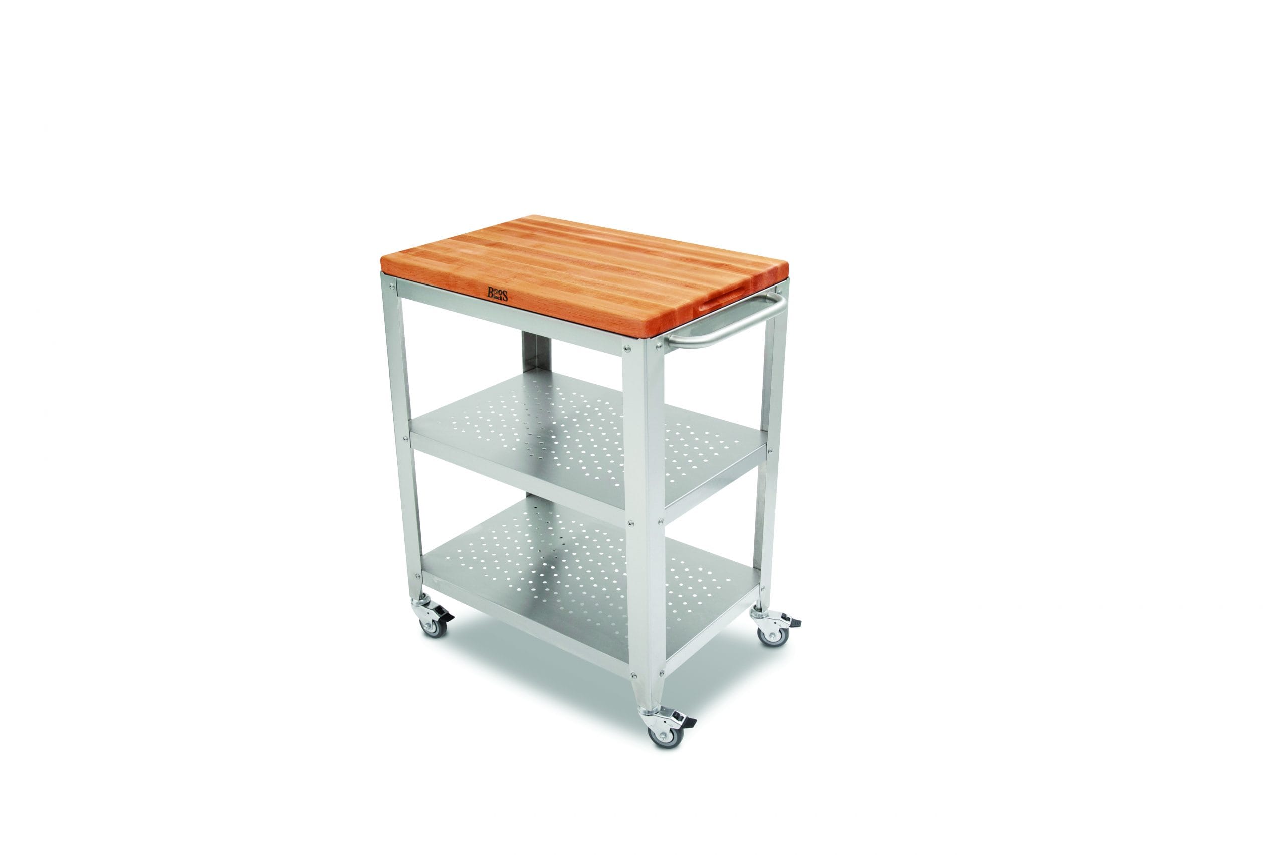 CULINARTE Kitchen &amp; serving trolley with removable American cherry longwood chopping board; stainless steel base with drawer and 2 shelves, towel holder; lockable castors 33