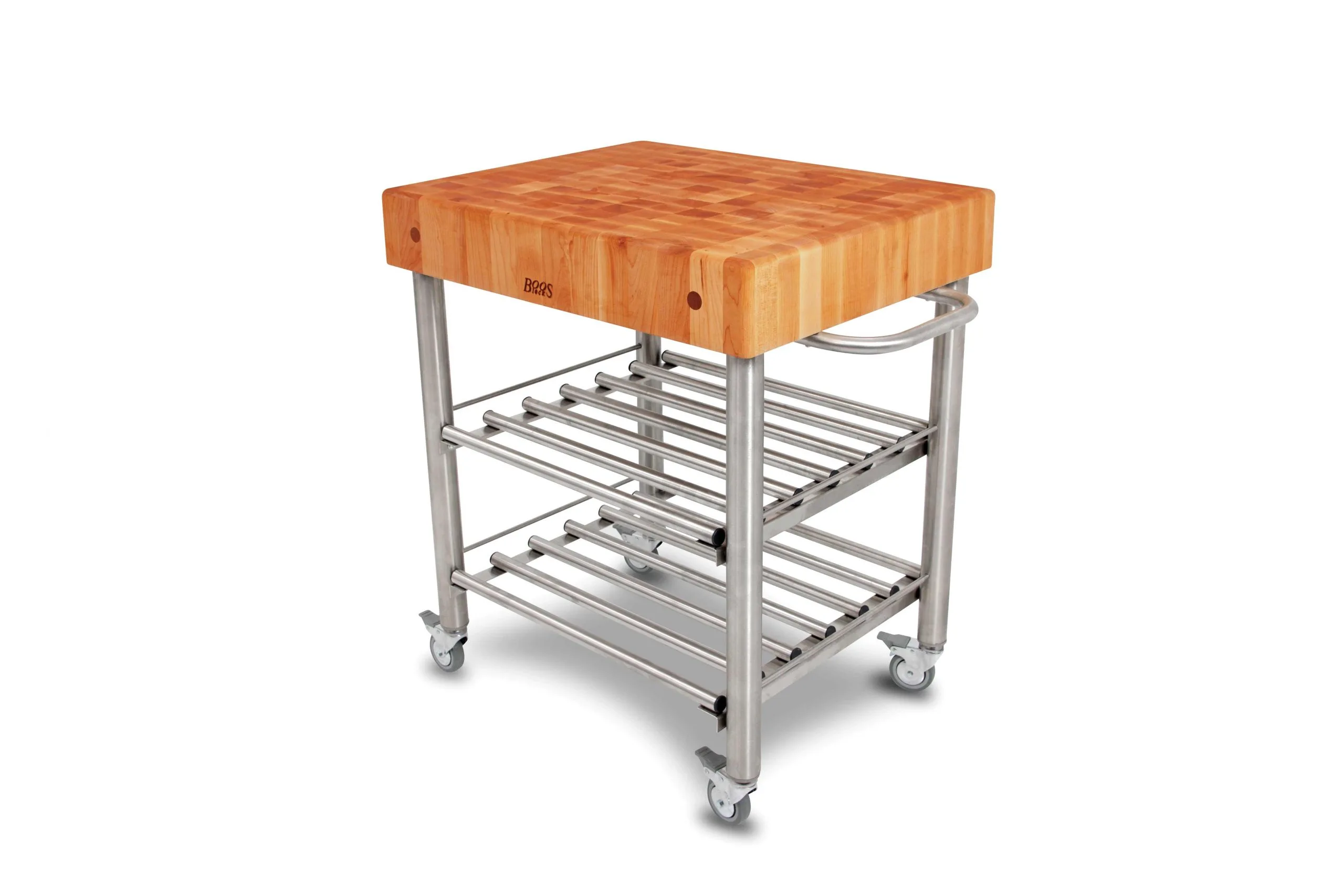 Cucina Kitchen & Wine Servierwagen mit Stirnholz-Arbeitsplatte aus Hard Maple und Edelstahlbasis mit einer Ablage, Handtuchhalter; feststellbare Rollen 7