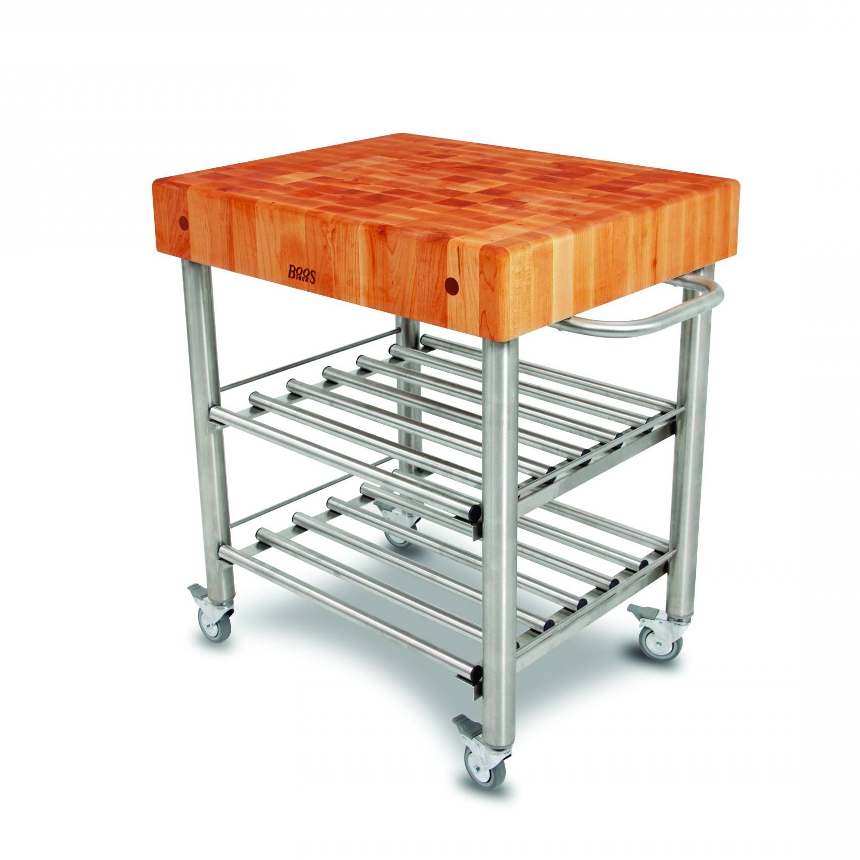 Cucina Kitchen &amp; Serving Trolley Cart with American Cherry end grain worktop and stainless steel base with 2 shelves, towel holder; lockable castors 19