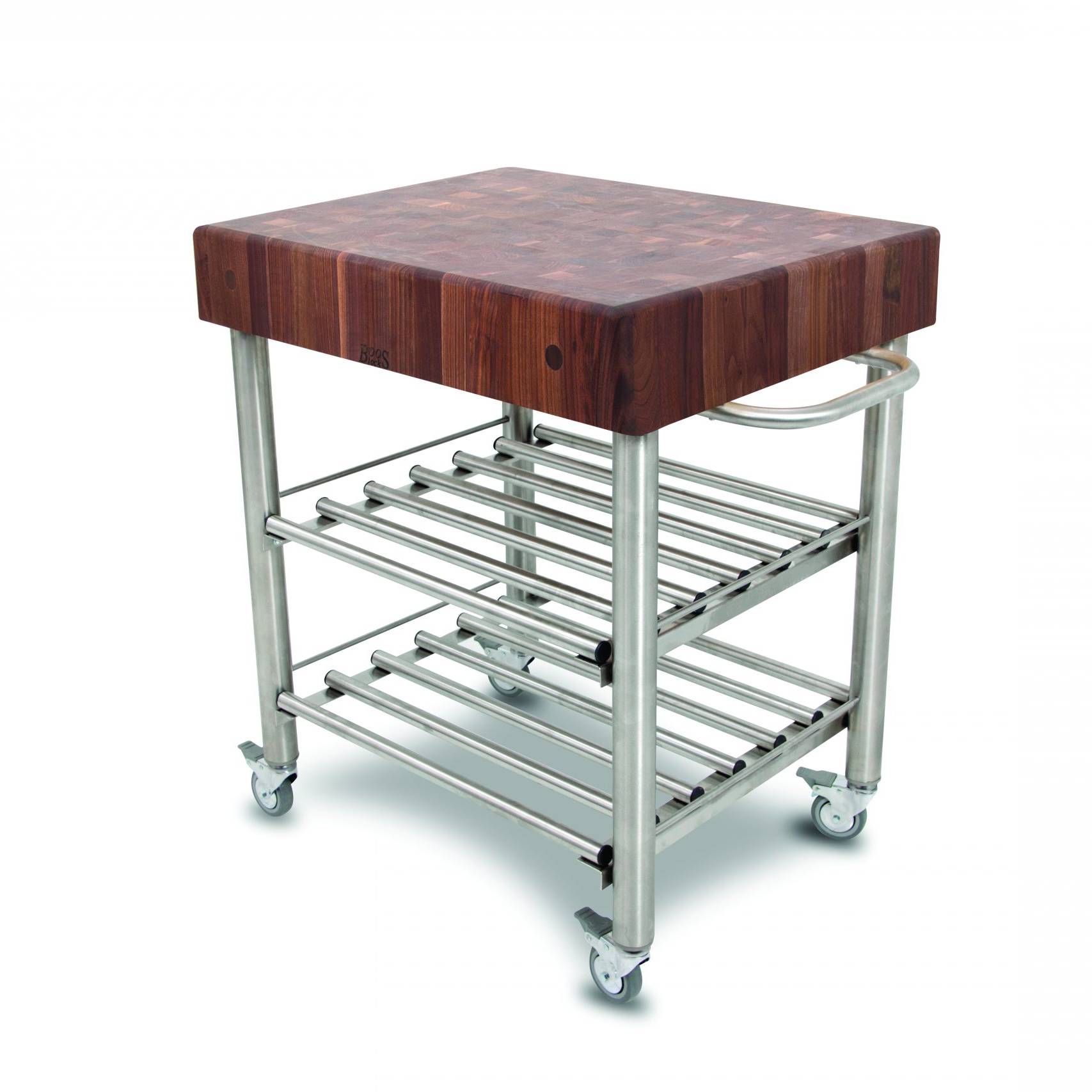 Cucina Kitchen &amp; Wine serving cart with Black Walnut end grain countertop and stainless steel base with 2 shelves, towel rack; lockable casters; 21