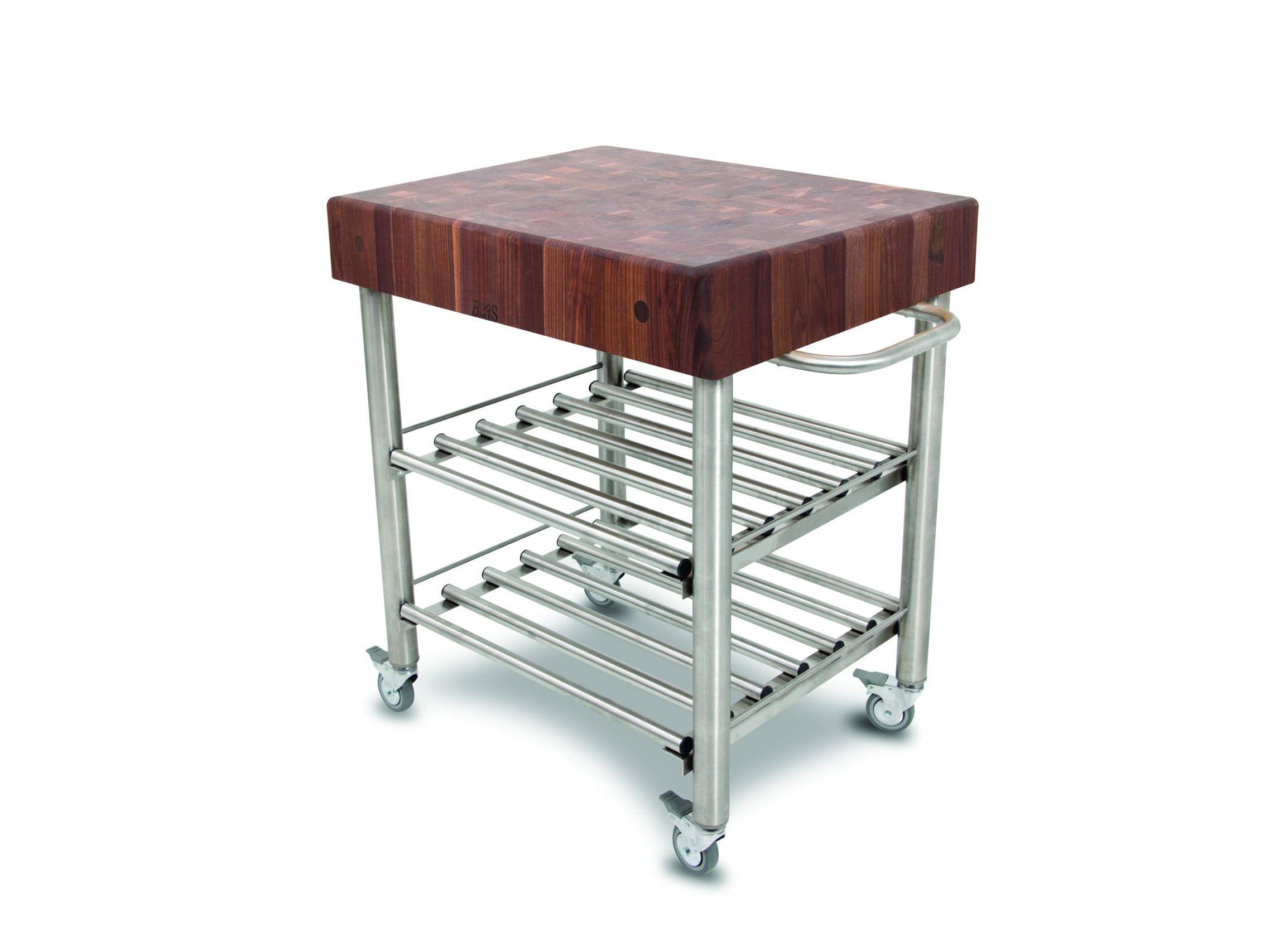 Cucina Kitchen &amp; Wine serving cart with Black Walnut end grain countertop and stainless steel base with 2 shelves, towel rack; lockable casters; 63