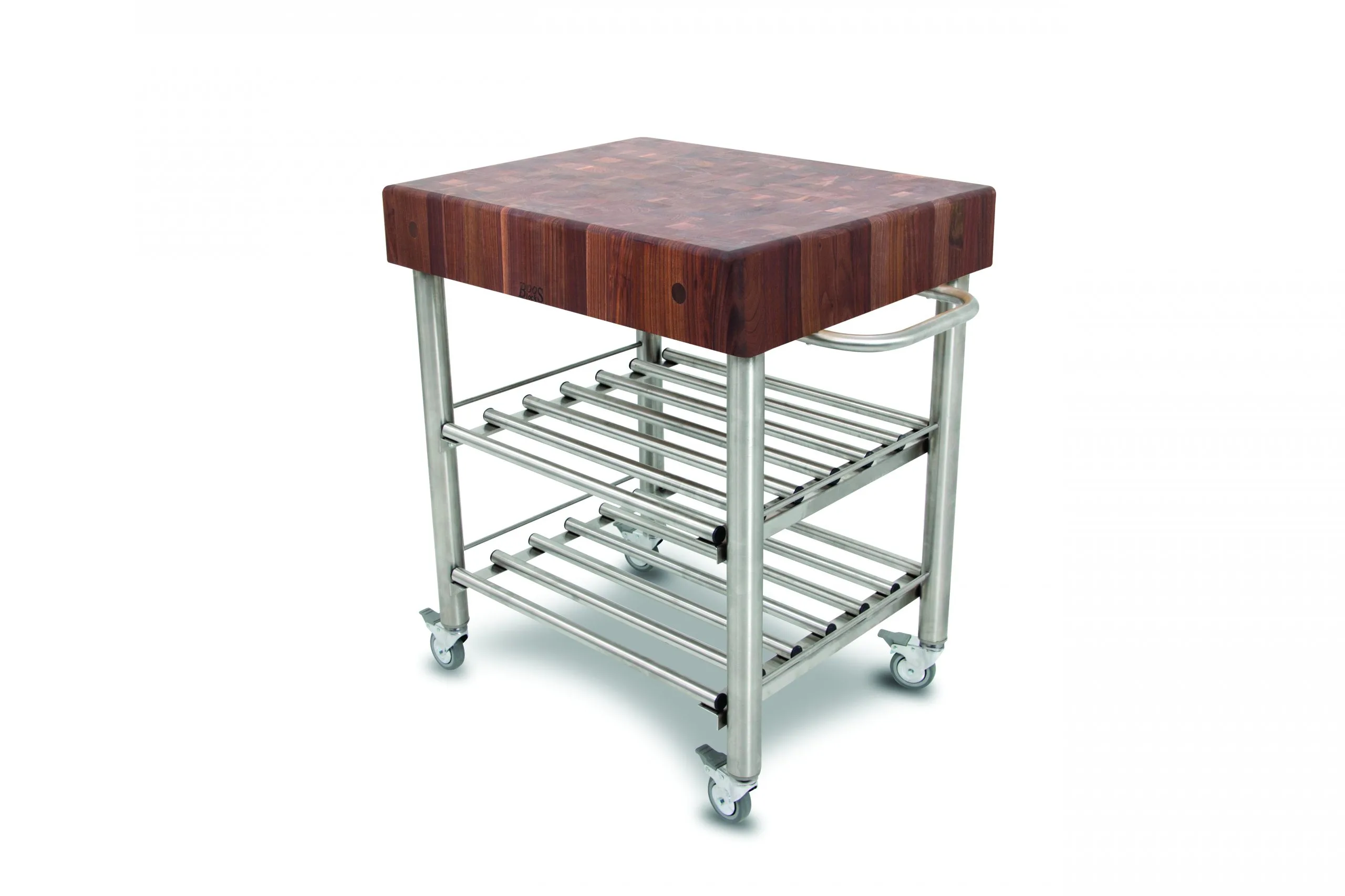 Cucina Kitchen & Wine Servierwagen mit Stirnholz-Arbeitsplatte aus Black Walnut und Edelstahlbasis mit 2 Ablagen, Handtuchhalter; feststellbare Rollen; 1