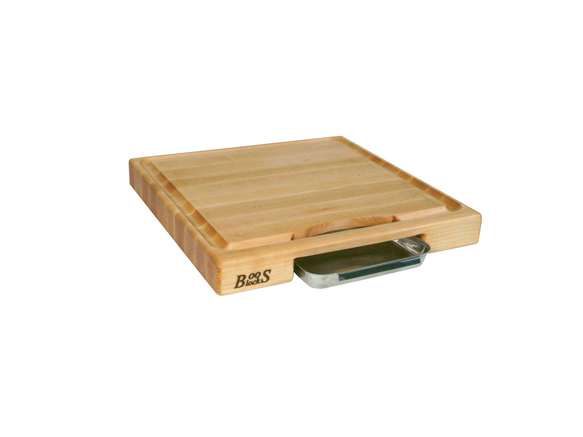 Prep Master Hard Maple cutting board with juice groove, stainless steel drip tray; handle; can be used on both sides 55