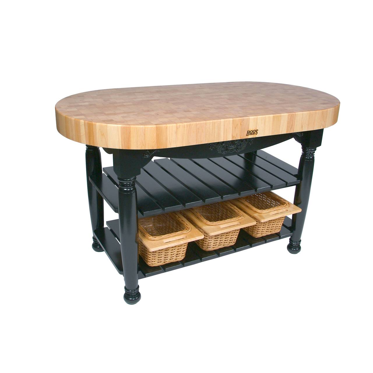 Boos® Maple Harvest Table mit Stirnholzplatte, unterer Ablage und 3 Weidenkörben 3