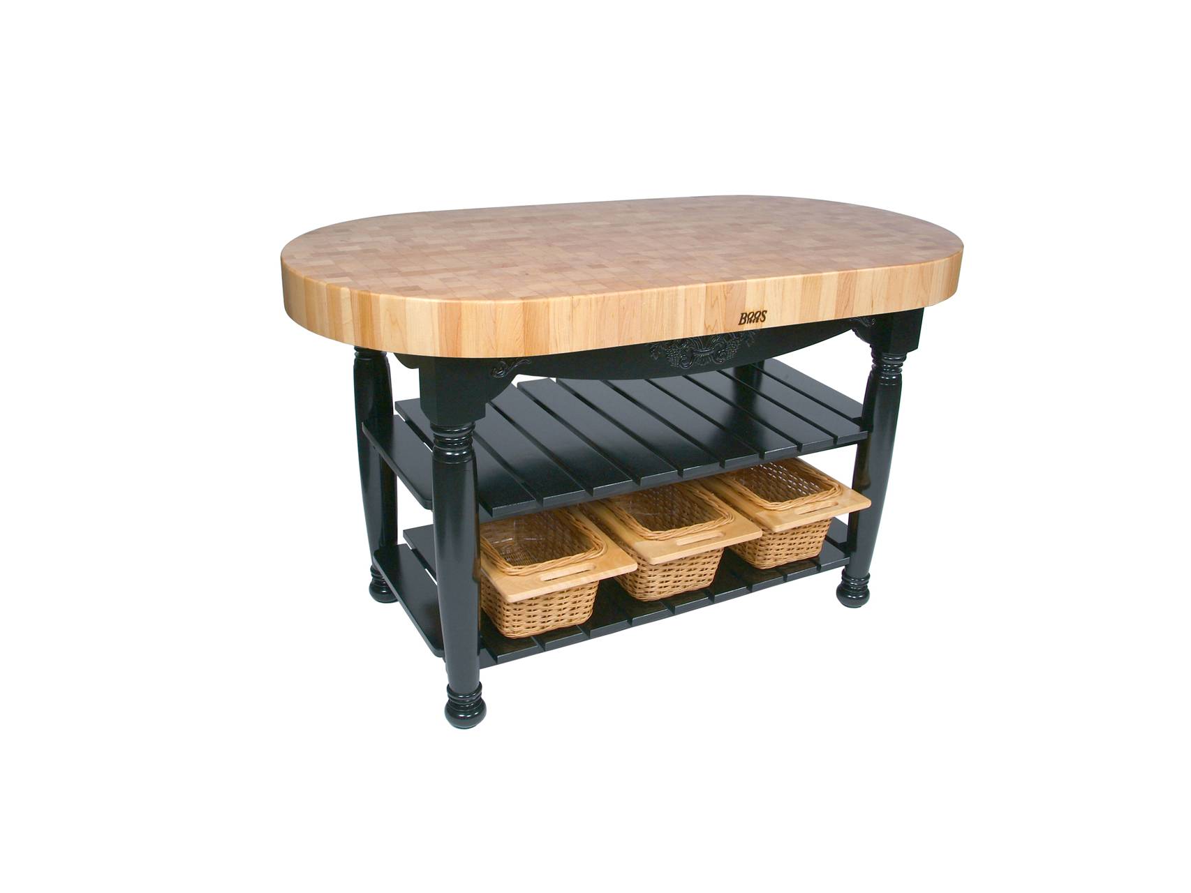 Boos® Maple Harvest Table mit Stirnholzplatte, unterer Ablage und 3 Weidenkörben 37
