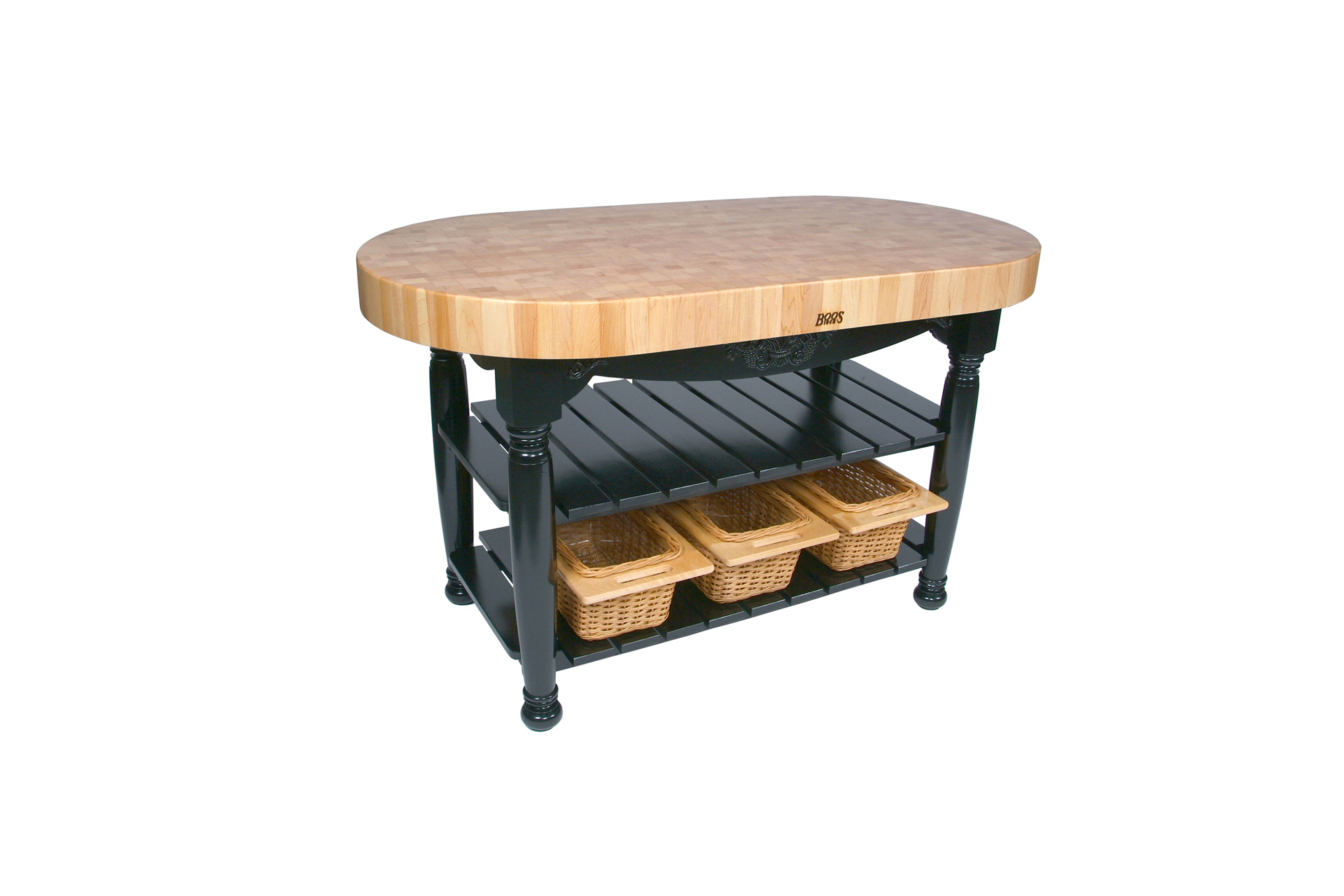 Boos® Maple Harvest Table mit Stirnholzplatte, unterer Ablage und 3 Weidenkörben 95