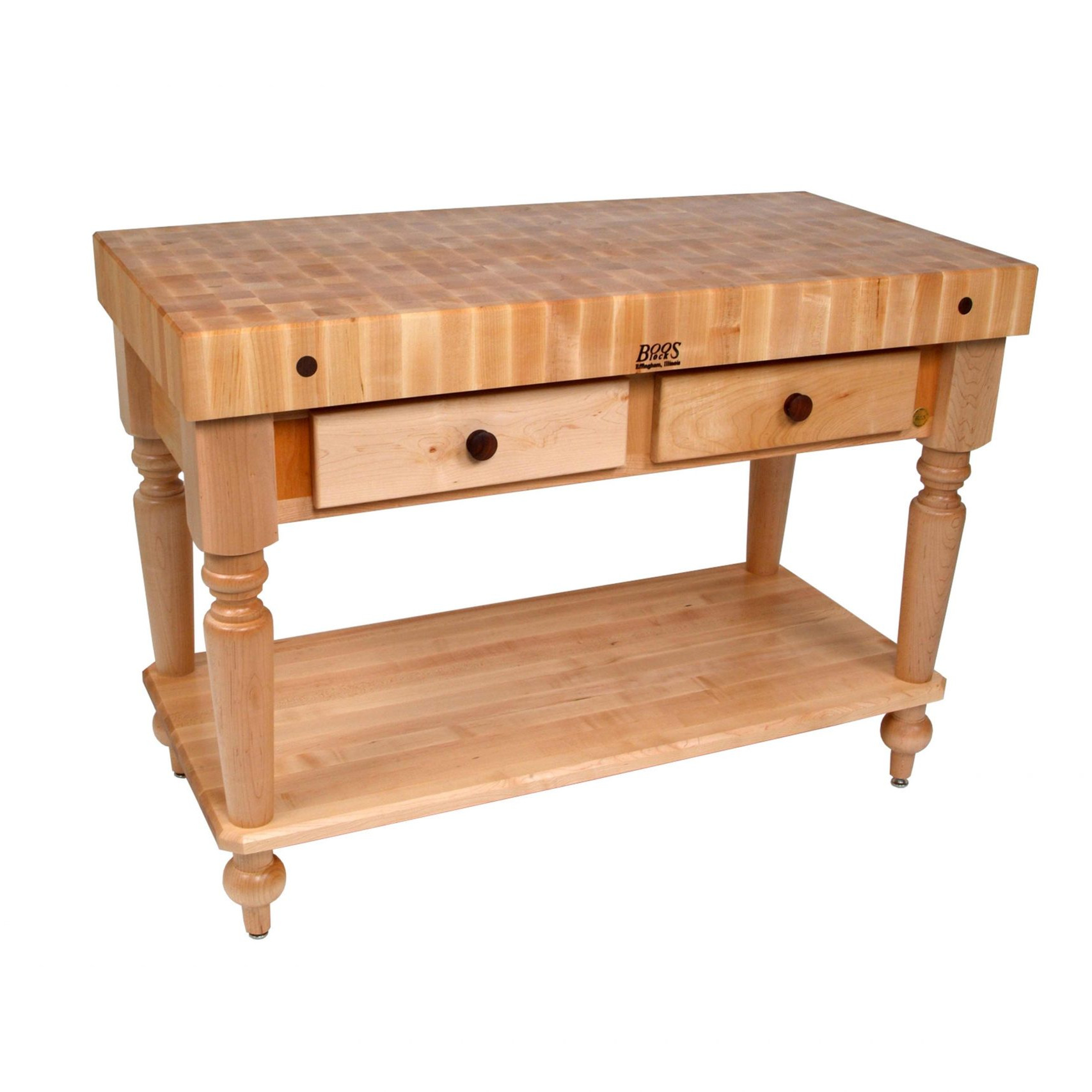 Boos® Maple Rustica Kitchen Island mit 10cm dicker Stirnholzplatte, Schublade und Ablage 29