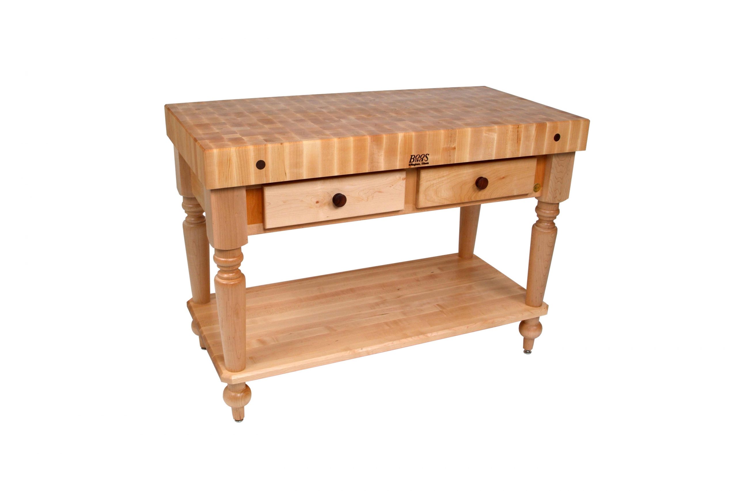 Boos® Maple Rustica Kitchen Island with 10cm thick front wood top, drawer and shelf 7