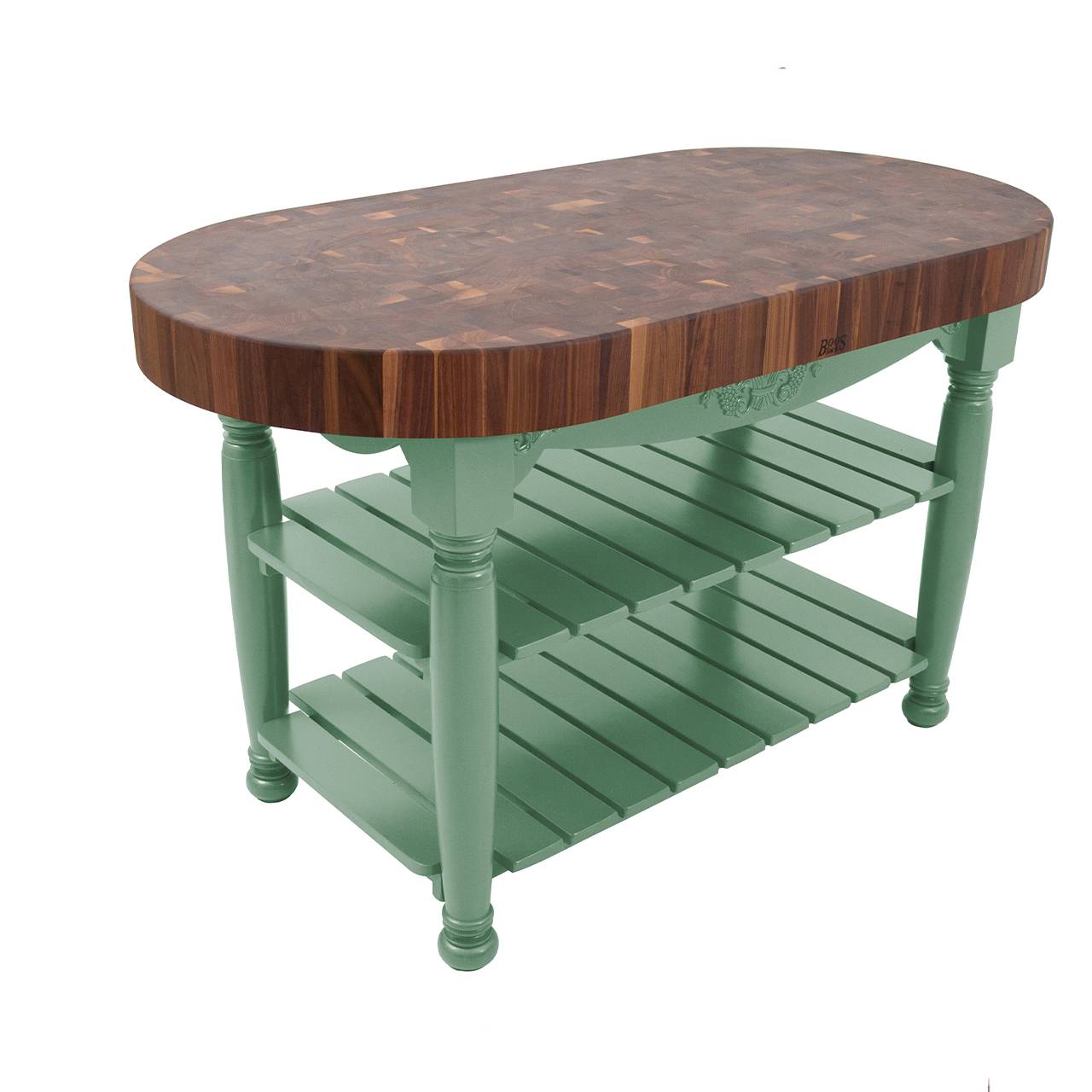 Boos® Black Walnut Harvest Table mit Stirnholzplatte, unterer Ablage und 3 Weidenkörben 21