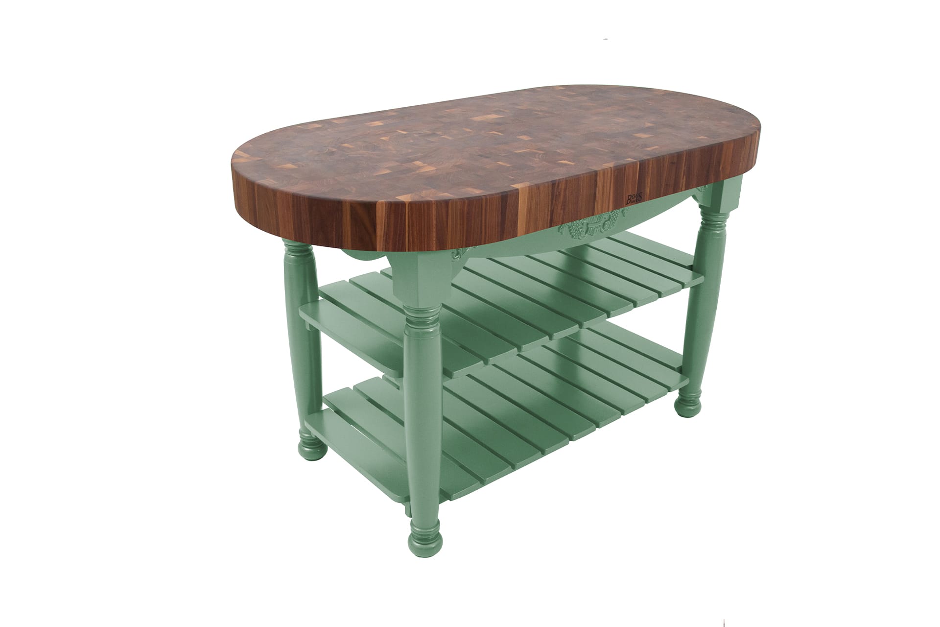 Boos® Black Walnut Harvest Table mit Stirnholzplatte, unterer Ablage und 3 Weidenkörben 9